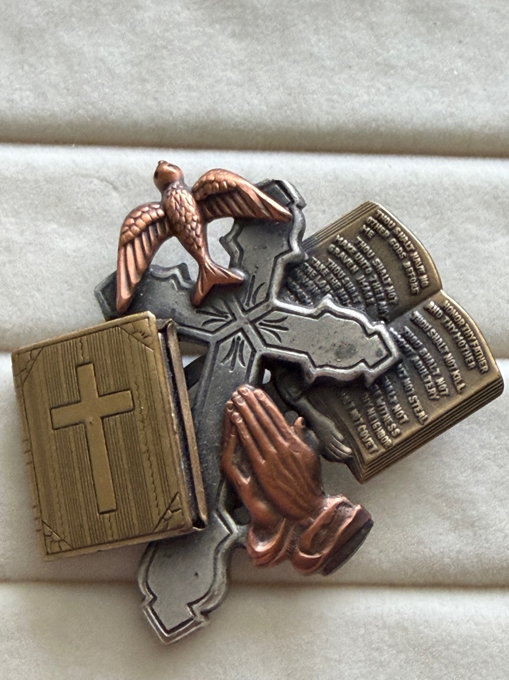 Vintage K&T Christian Brooch Mixed Metal Cross Bible Dove Pray for Peace